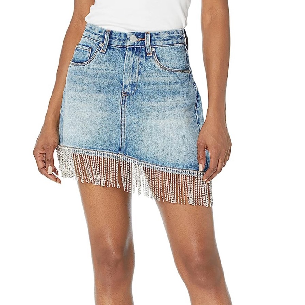 BLANKNYC BRIGHT MOMENTS ASYMMETRICAL FRINGE SEQUIN MINI SKIRT